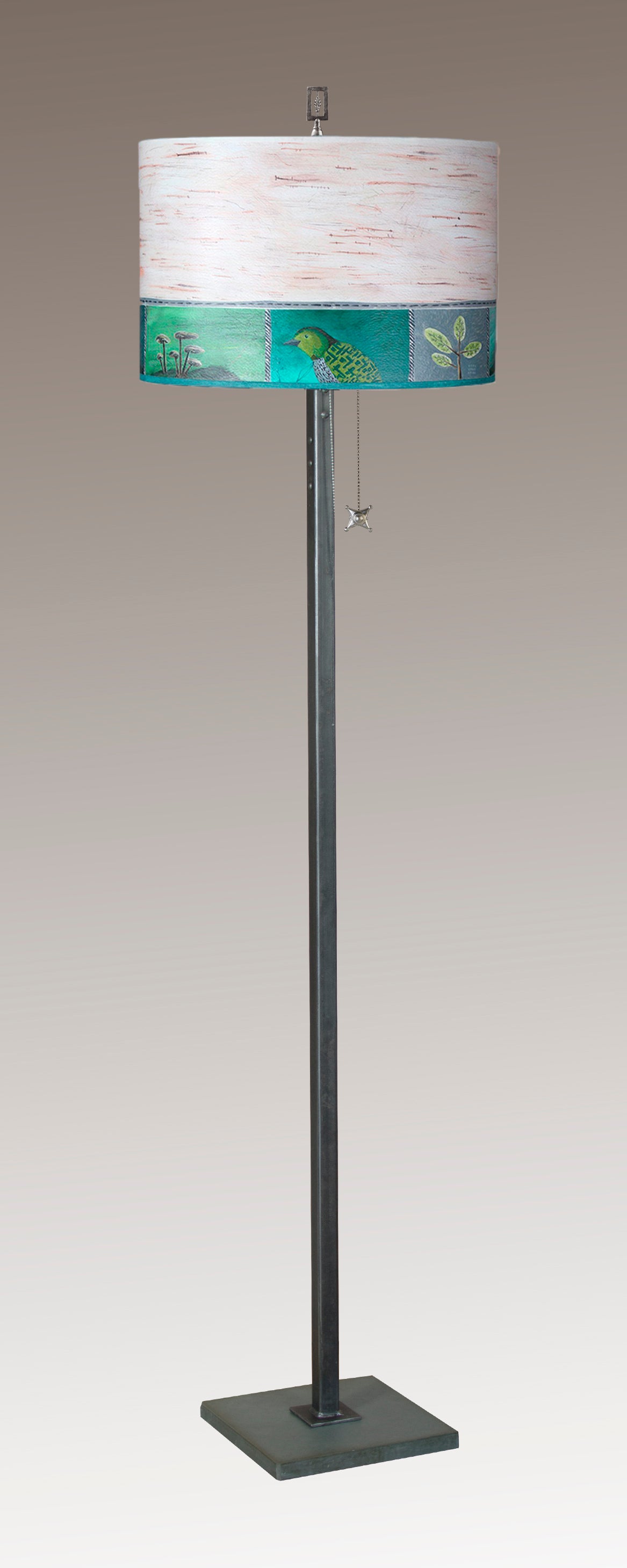 Steel Floor Lamp with Large Drum Shade in Woodland Trails in Birch