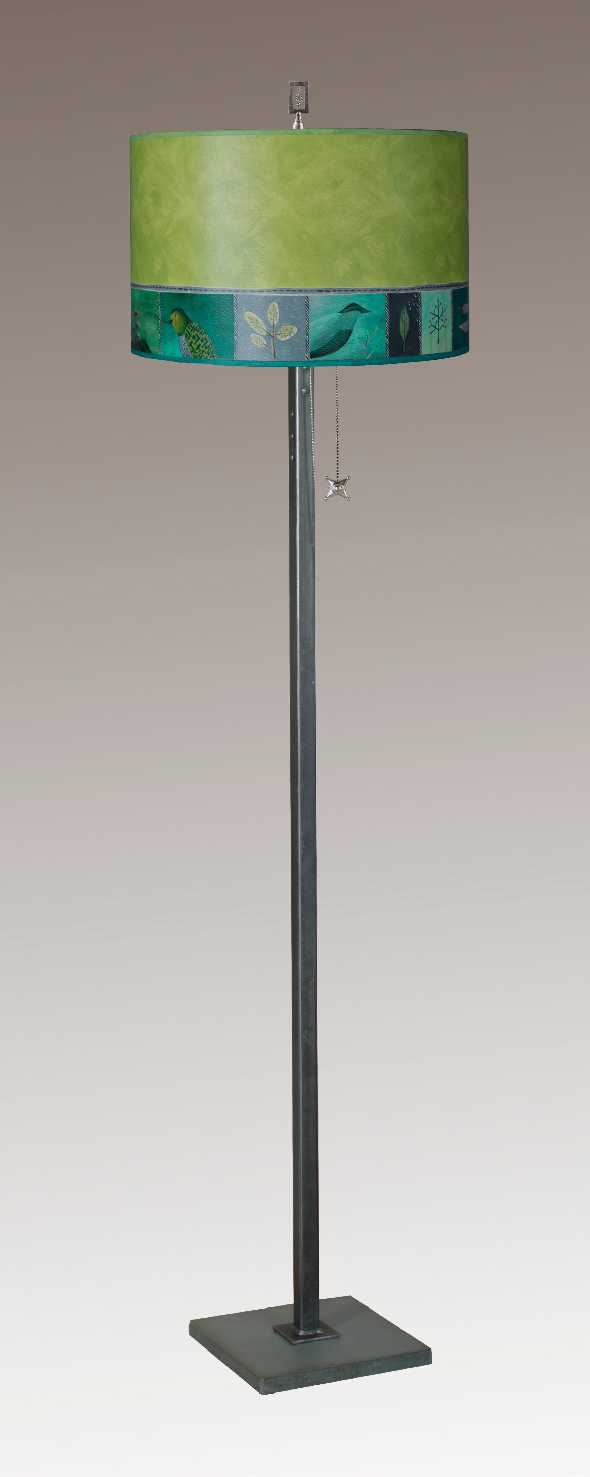 Steel Floor Lamp with Large Drum Shade in Woodland Trails in Leaf