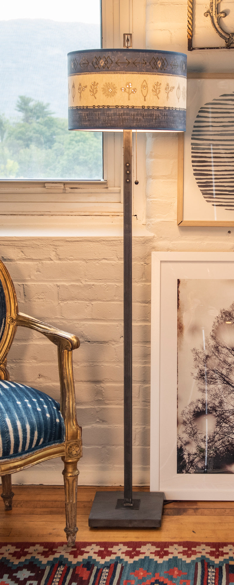 Janna Ugone & Co Floor Lamps Steel Floor Lamp with Large Drum Shade in Woven & Sprig in Sapphire