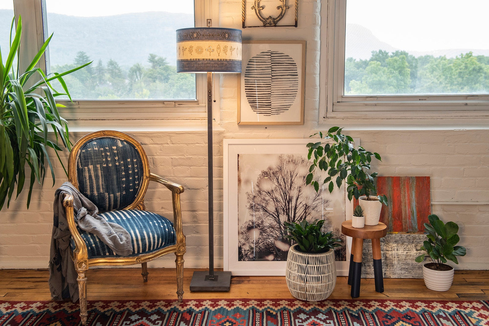 Janna Ugone & Co Floor Lamps Steel Floor Lamp with Large Drum Shade in Woven & Sprig in Sapphire