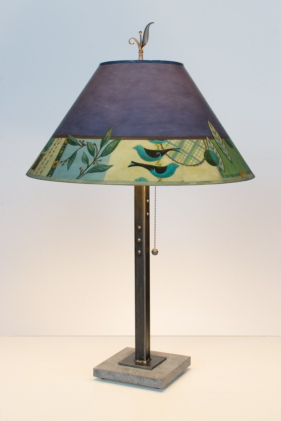Steel Table Lamp on Italian Marble with Large Conical Shade in New Capri Periwinkle
