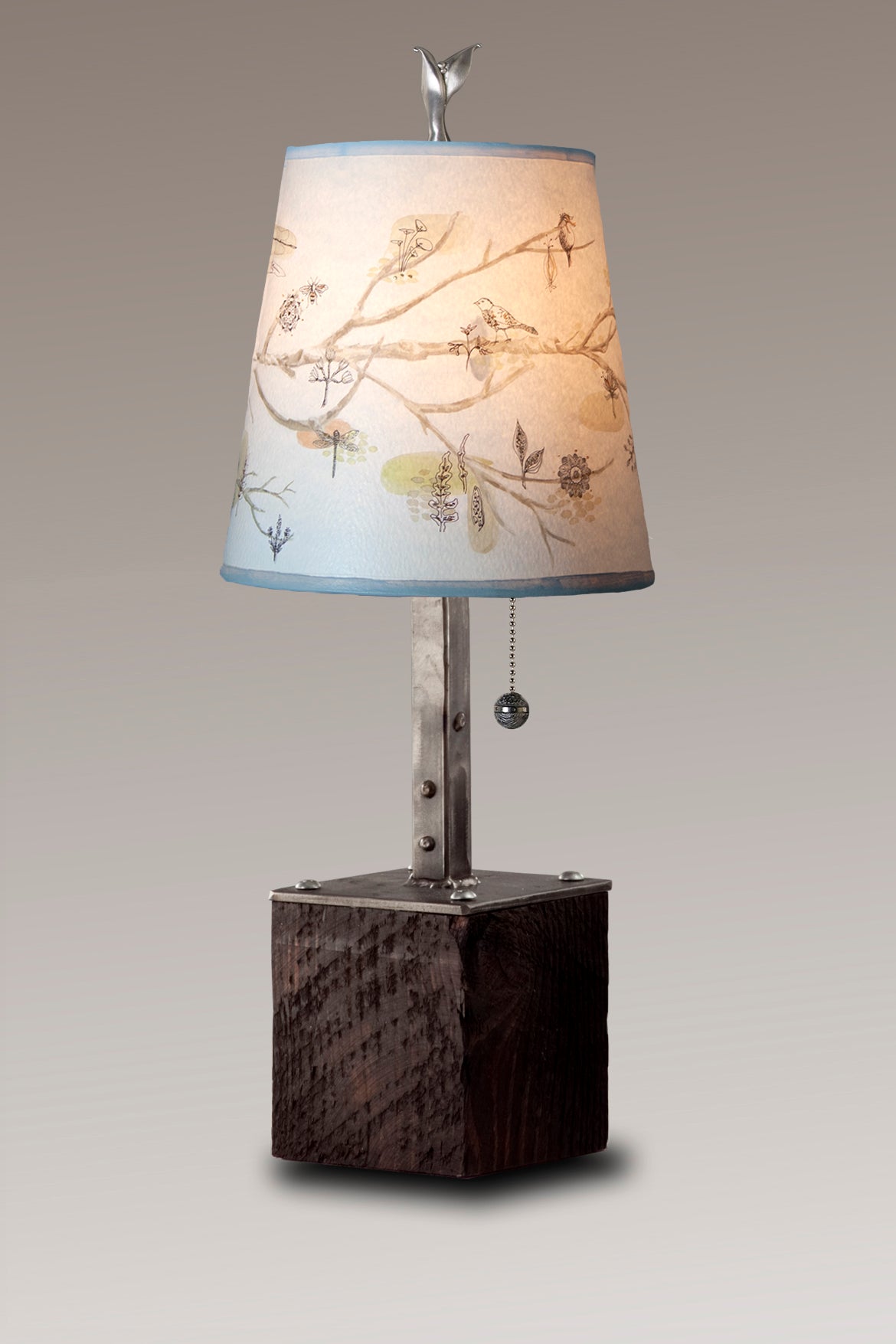 Janna Ugone & Co Table Lamps Steel Table Lamp on Reclaimed Wood with Small Drum Shade in Artful Branch