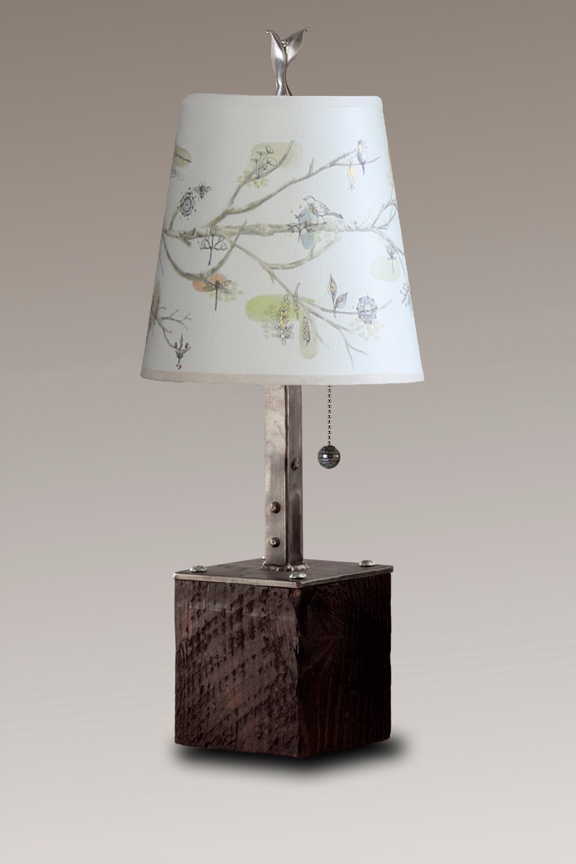 Janna Ugone &amp; Co Table Lamps Steel Table Lamp on Reclaimed Wood with Small Drum Shade in Artful Branch
