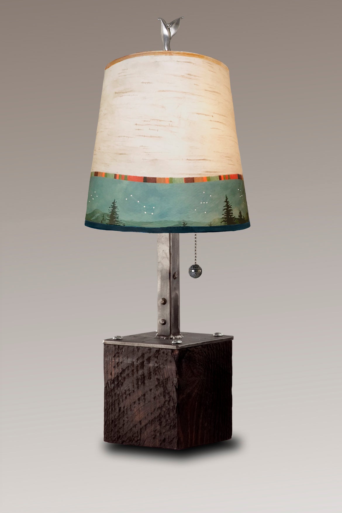 Janna Ugone & Co Table Lamps Steel Table Lamp on Reclaimed Wood with Small Drum Shade in Birch Midnight
