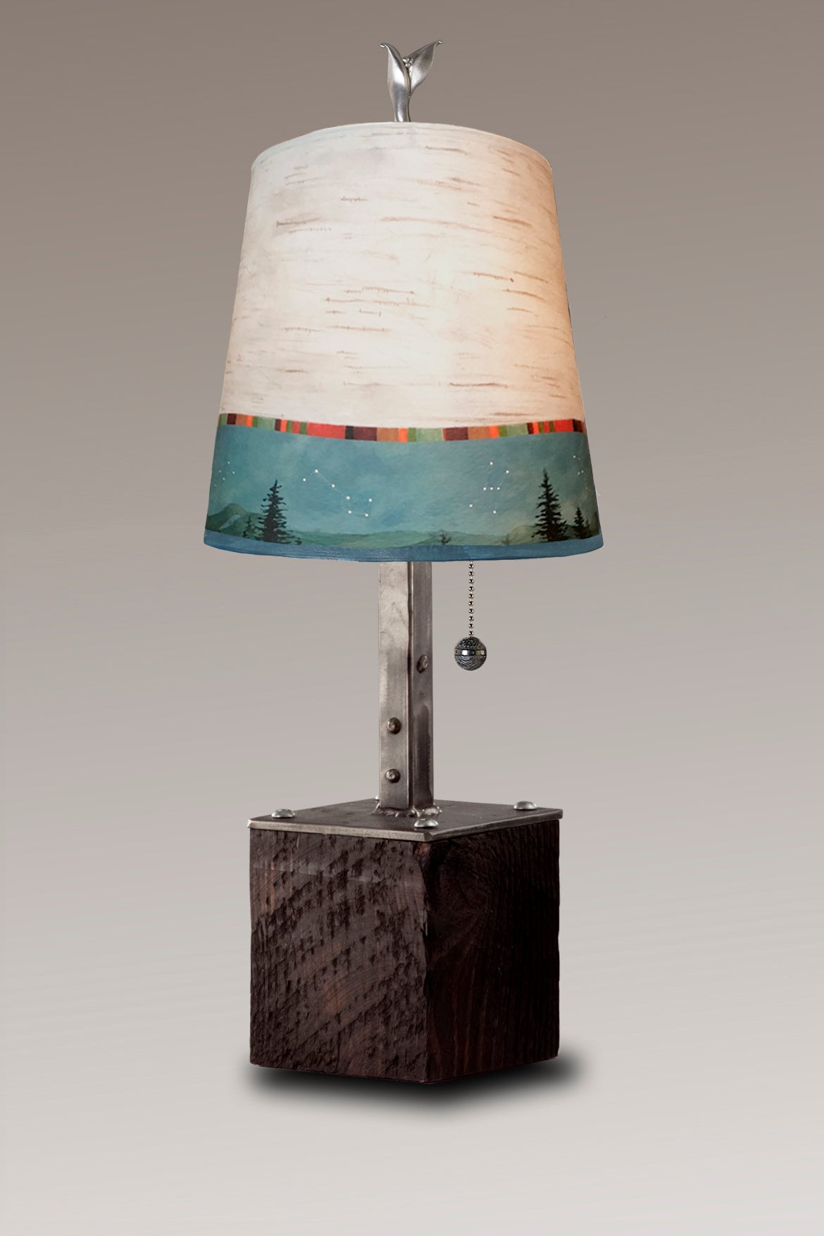 Steel Table Lamp on Reclaimed Wood with Small Drum Shade in Birch Midnight