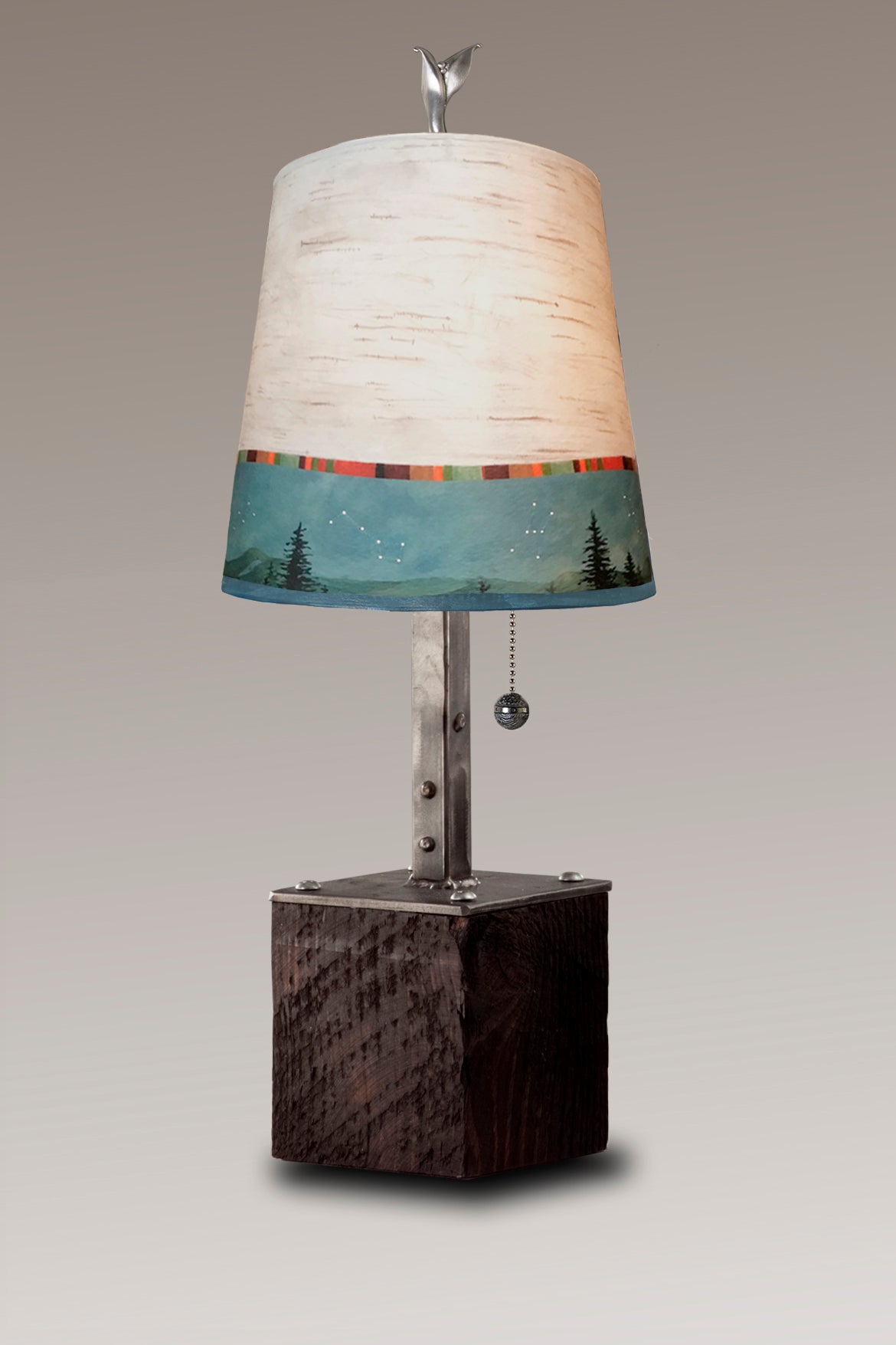Janna Ugone & Co Table Lamps Steel Table Lamp on Reclaimed Wood with Small Drum Shade in Birch Midnight