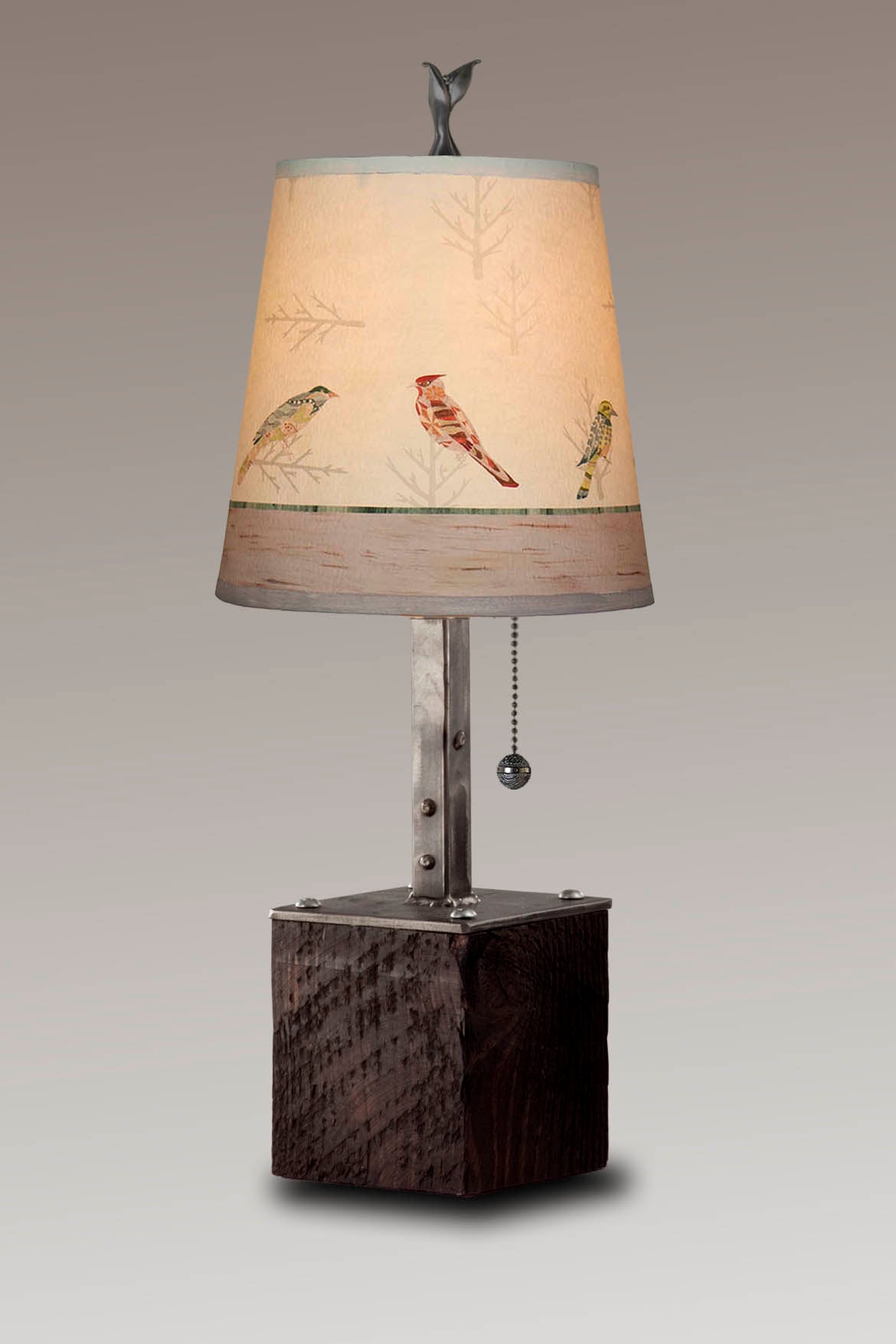 Janna Ugone & Co Table Lamp Steel Table Lamp on Reclaimed Wood with Small Drum Shade in Bird Friends