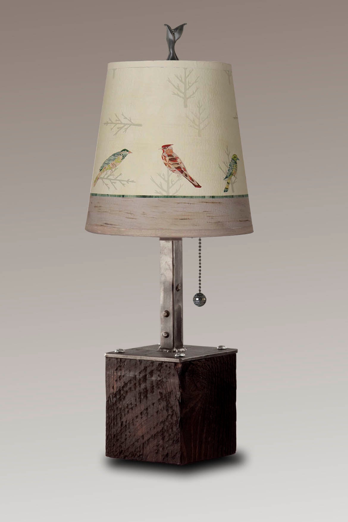 Janna Ugone &amp; Co Table Lamp Steel Table Lamp on Reclaimed Wood with Small Drum Shade in Bird Friends