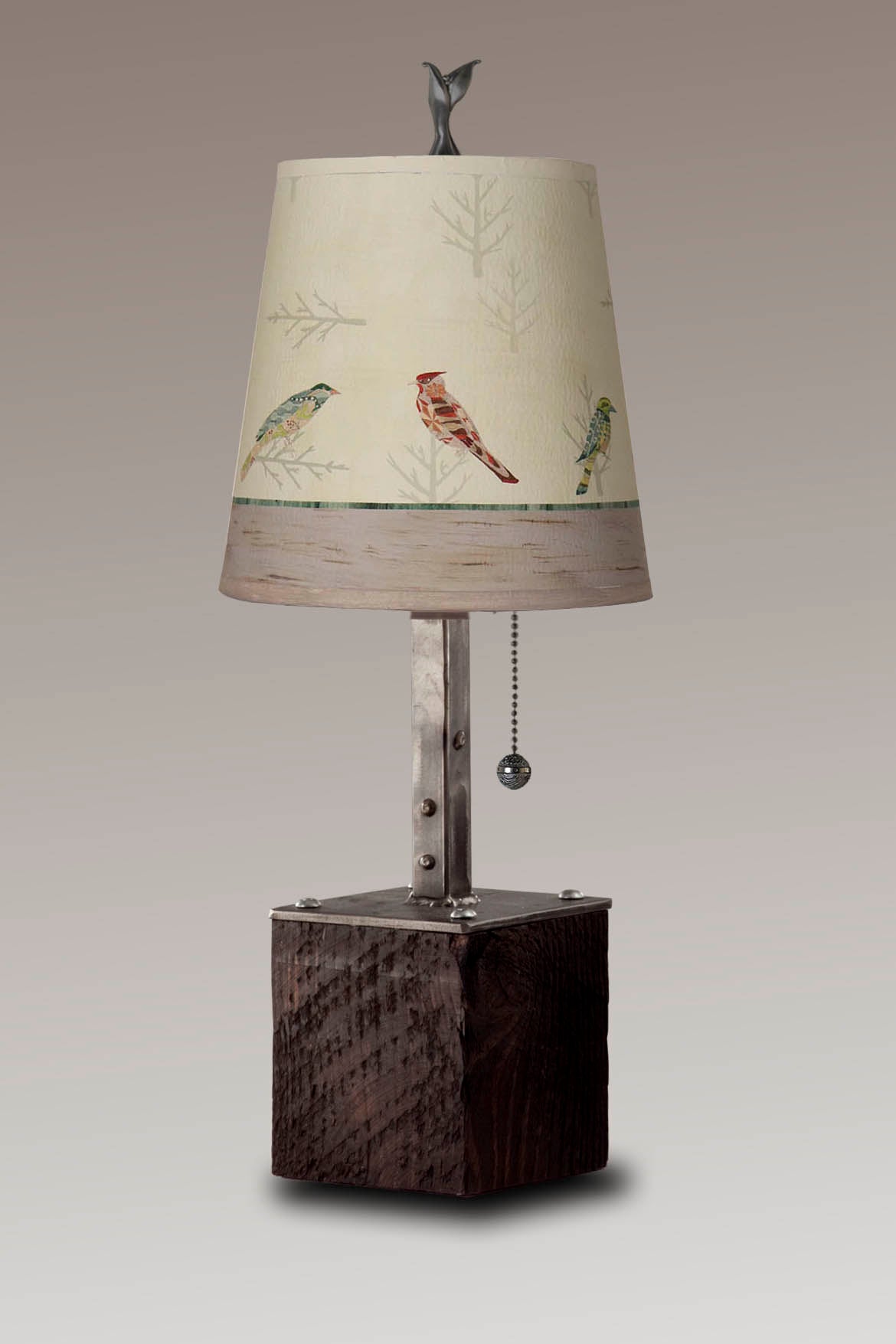 Janna Ugone & Co Table Lamp Steel Table Lamp on Reclaimed Wood with Small Drum Shade in Bird Friends