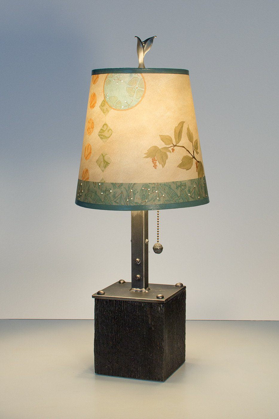 Steel Table Lamp on Reclaimed Wood with Small Drum Shade in Celestial Leaf Lit