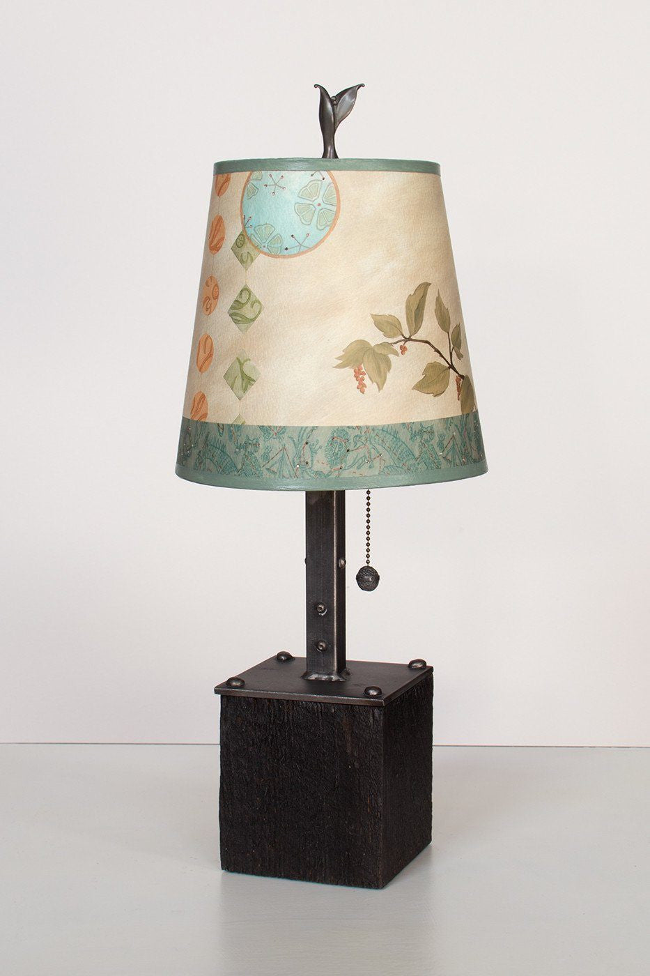 Janna Ugone & Co Table Lamps Steel Table Lamp on Reclaimed Wood with Small Drum Shade in Celestial Leaf