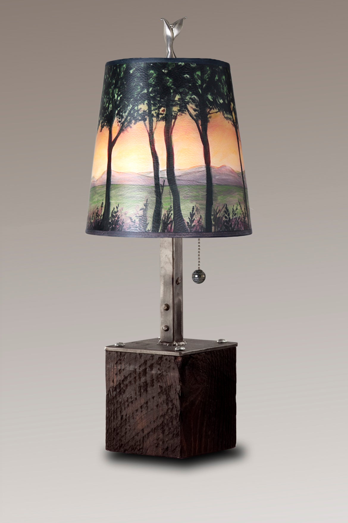 Janna Ugone & Co Table Lamps Steel Table Lamp on Reclaimed Wood with Small Drum Shade in Dawn