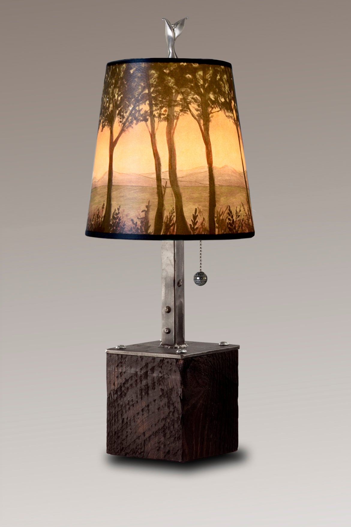 Janna Ugone & Co Table Lamps Steel Table Lamp on Reclaimed Wood with Small Drum Shade in Dawn
