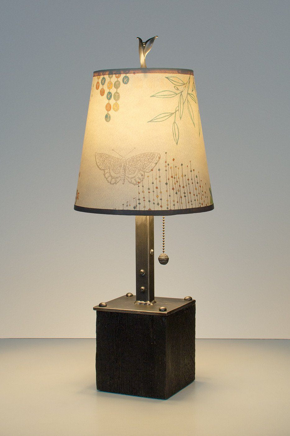 Janna Ugone & Co Table Lamps Steel Table Lamp on Reclaimed Wood with Small Drum Shade in Ecru Journey