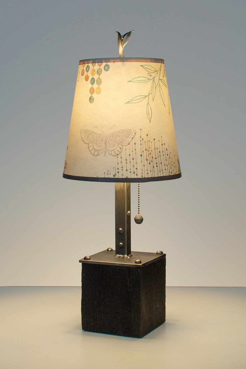 Steel Table Lamp on Reclaimed Wood with Small Drum Shade in Ecru Journey Lit