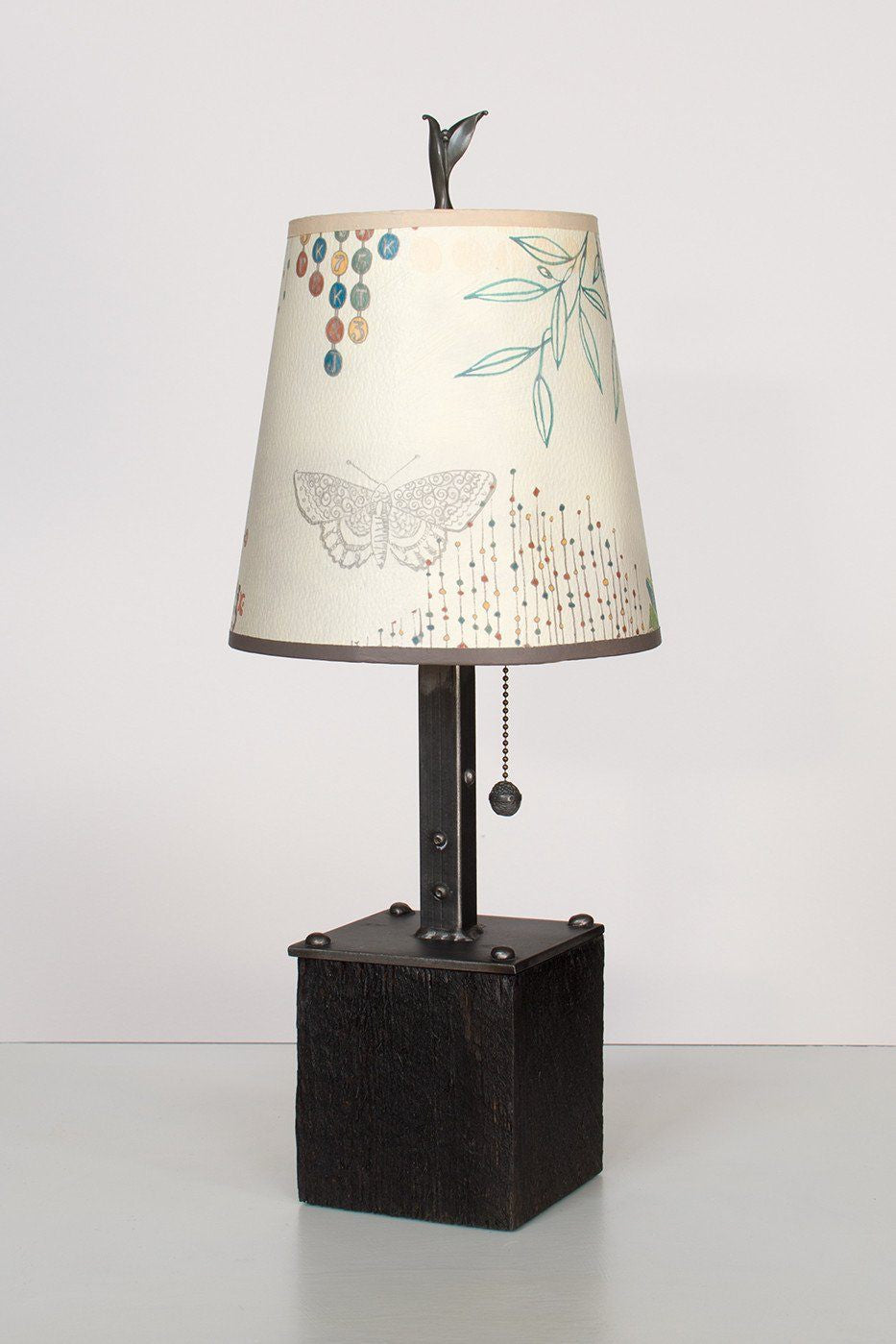 Steel Table Lamp on Reclaimed Wood with Small Drum Shade in Ecru Journey