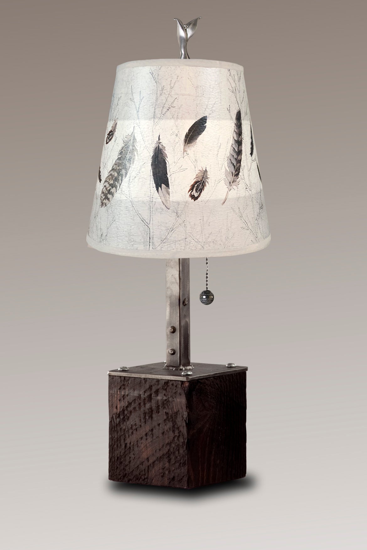 Janna Ugone &amp; Co Table Lamps Steel Table Lamp on Reclaimed Wood with Small Drum Shade in Feathers in Pebble