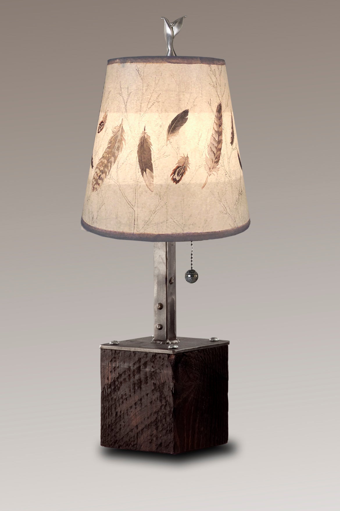 Janna Ugone & Co Table Lamps Steel Table Lamp on Reclaimed Wood with Small Drum Shade in Feathers in Pebble
