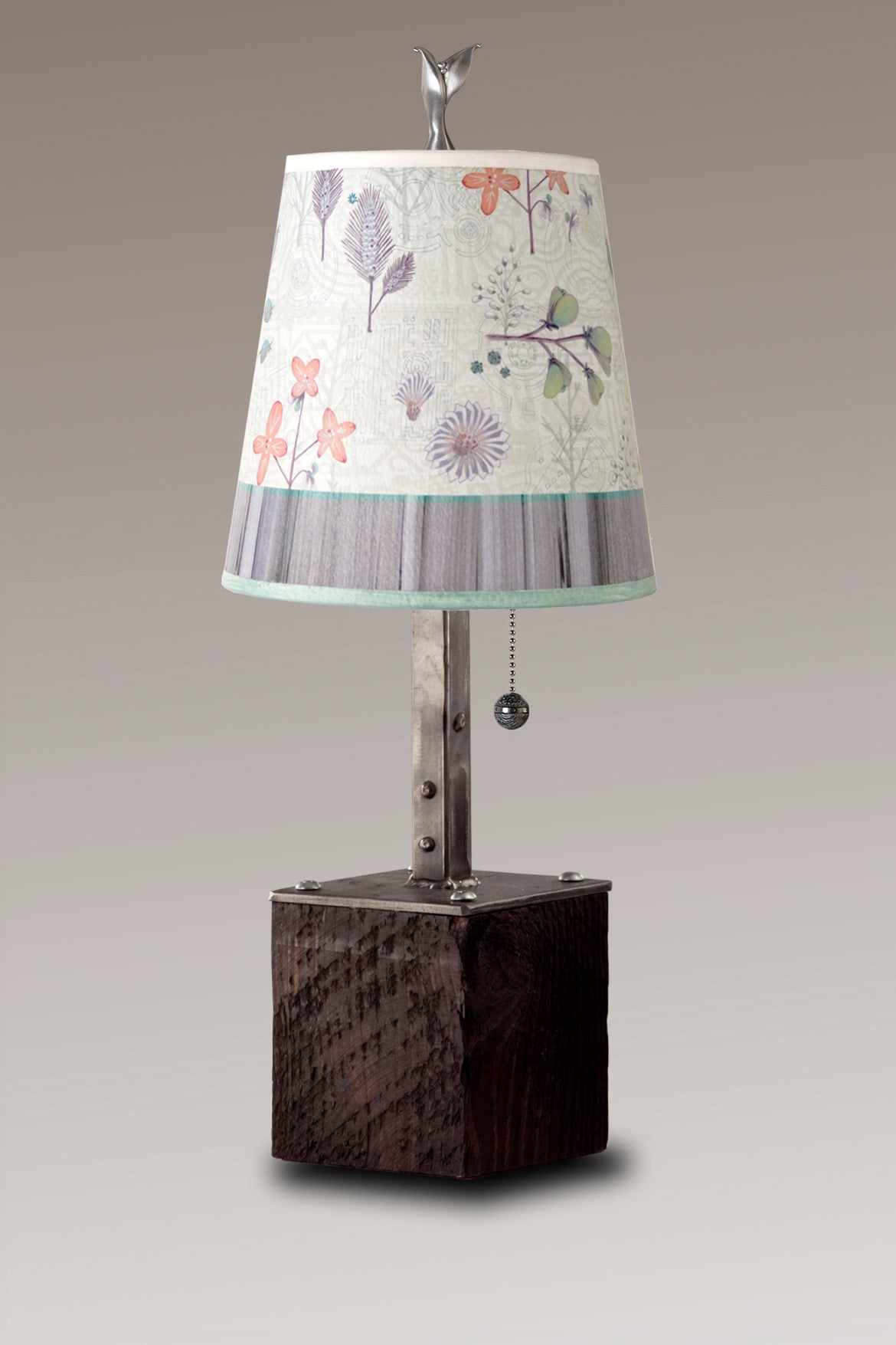 Janna Ugone &amp; Co Table Lamps Steel Table Lamp on Reclaimed Wood with Small Drum Shade in Flora &amp; Maze
