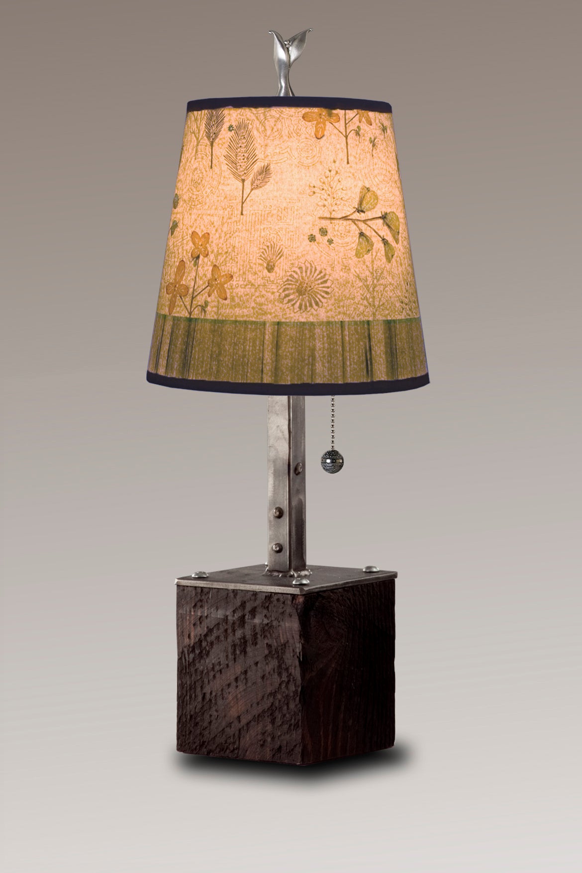 Steel Table Lamp on Reclaimed Wood with Small Drum Shade in Flora &amp; Maze