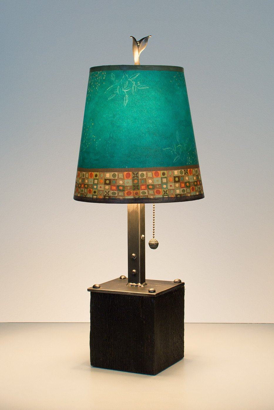 Steel Table Lamp on Reclaimed Wood with Small Drum Shade in Jade Mosaic Lit