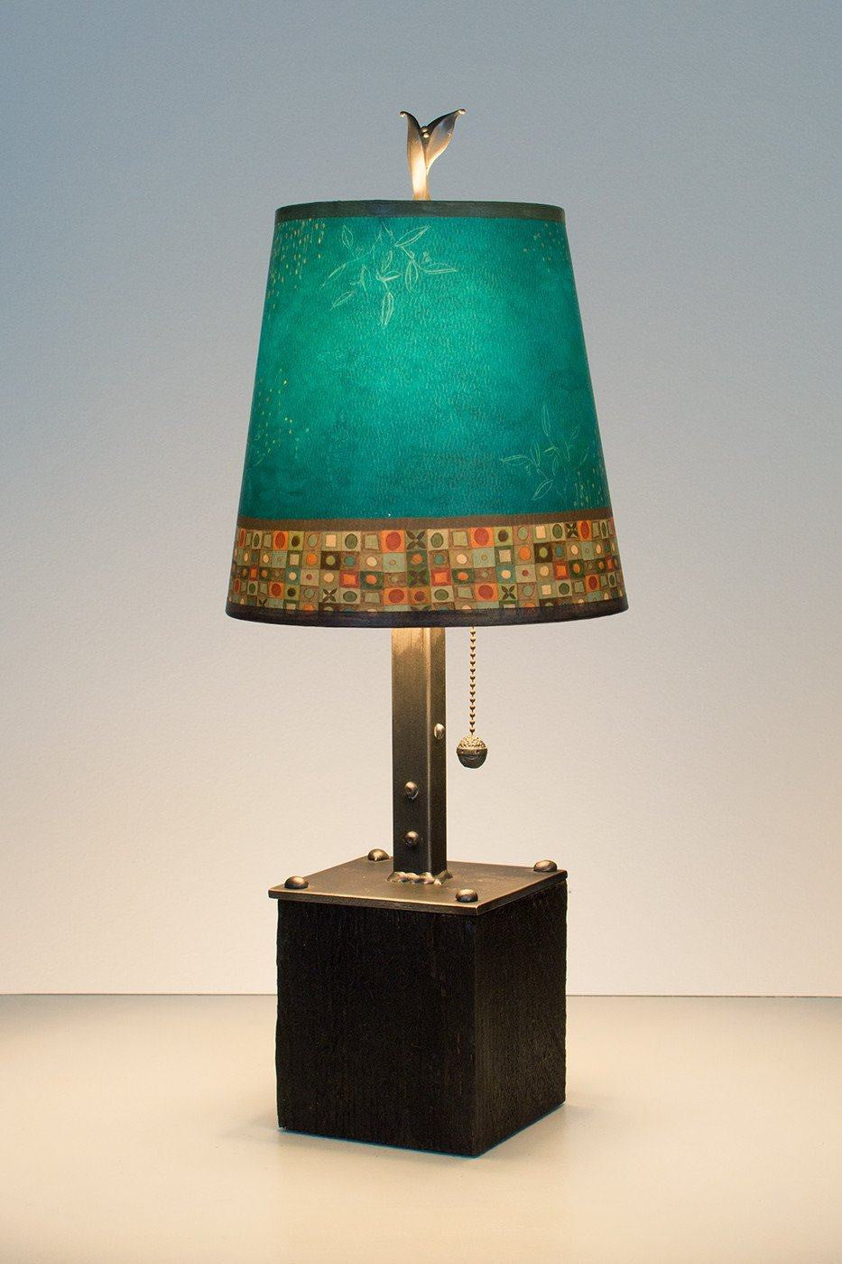Janna Ugone & Co Table Lamps Steel Table Lamp on Reclaimed Wood with Small Drum Shade in Jade Mosaic