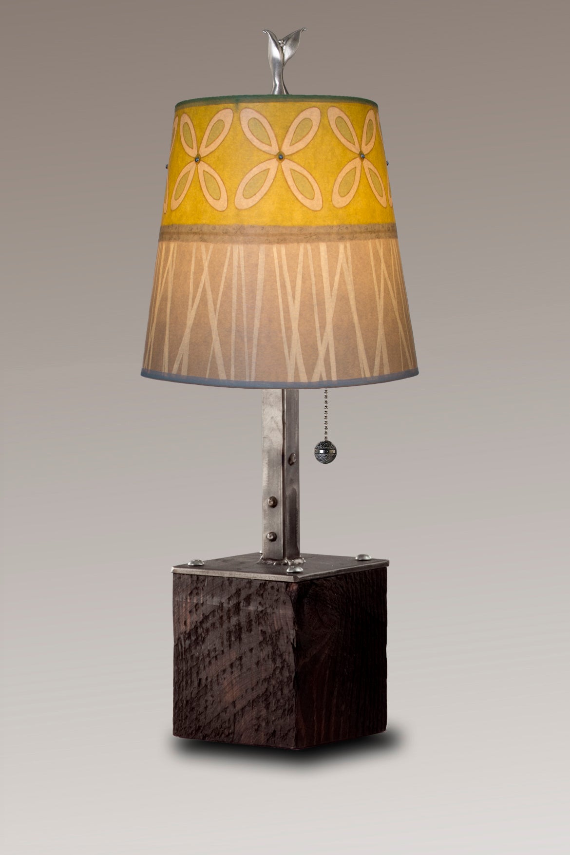 Janna Ugone &amp; Co Table Lamps Steel Table Lamp on Reclaimed Wood with Small Drum Shade in Kiwi