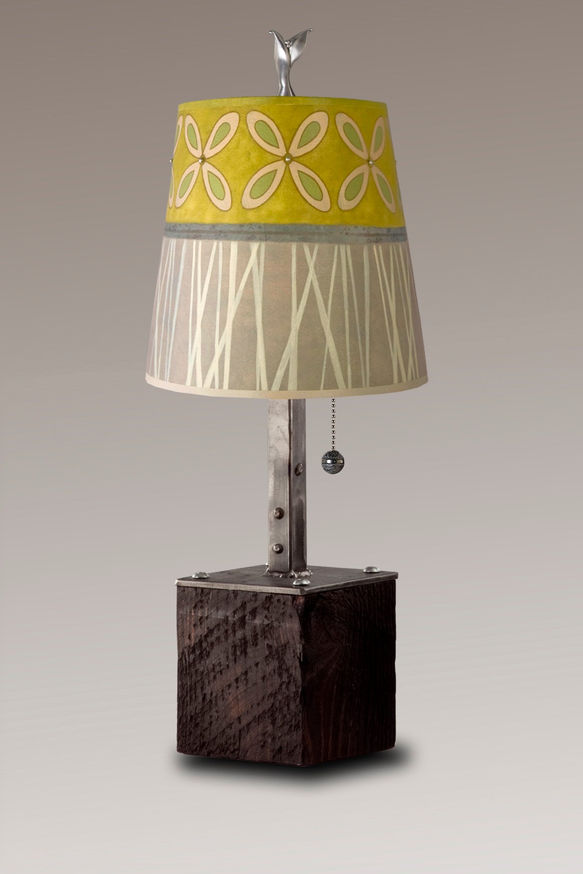 Janna Ugone & Co Table Lamps Steel Table Lamp on Reclaimed Wood with Small Drum Shade in Kiwi