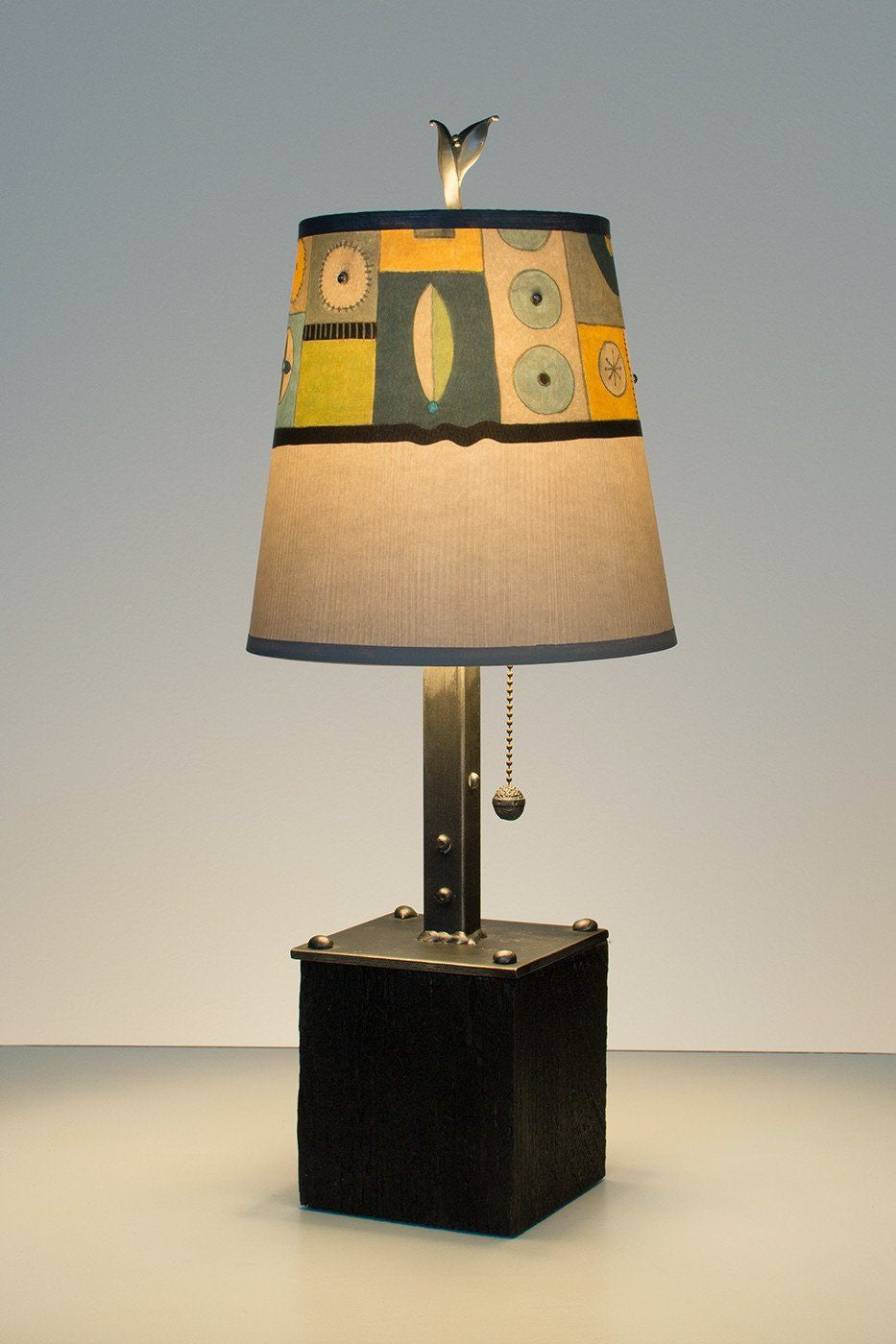 Janna Ugone &amp; Co Table Lamps Steel Table Lamp on Reclaimed Wood with Small Drum Shade in Lucky Mosaic Oyster