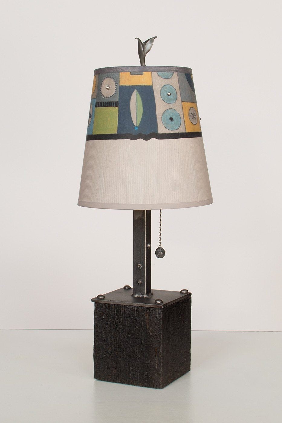 Steel Table Lamp on Reclaimed Wood with Small Drum Shade in Lucky Mosaic Oyster