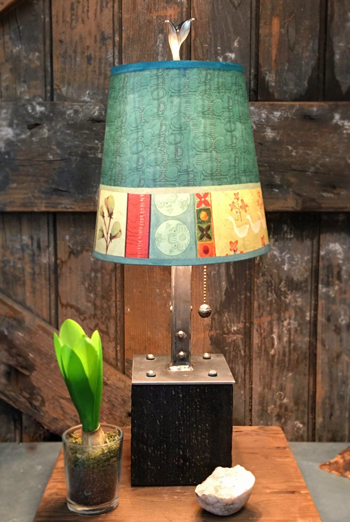 Janna Ugone &amp; Co Table Lamps Steel Table Lamp on Reclaimed Wood with Small Drum Shade in Melody in Jade
