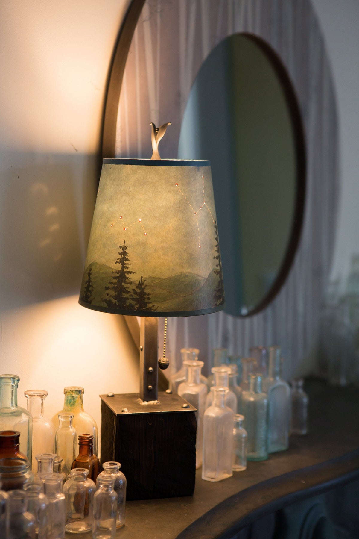 Steel Table Lamp on Reclaimed Wood with Small Drum Shade in Midnight Sky 