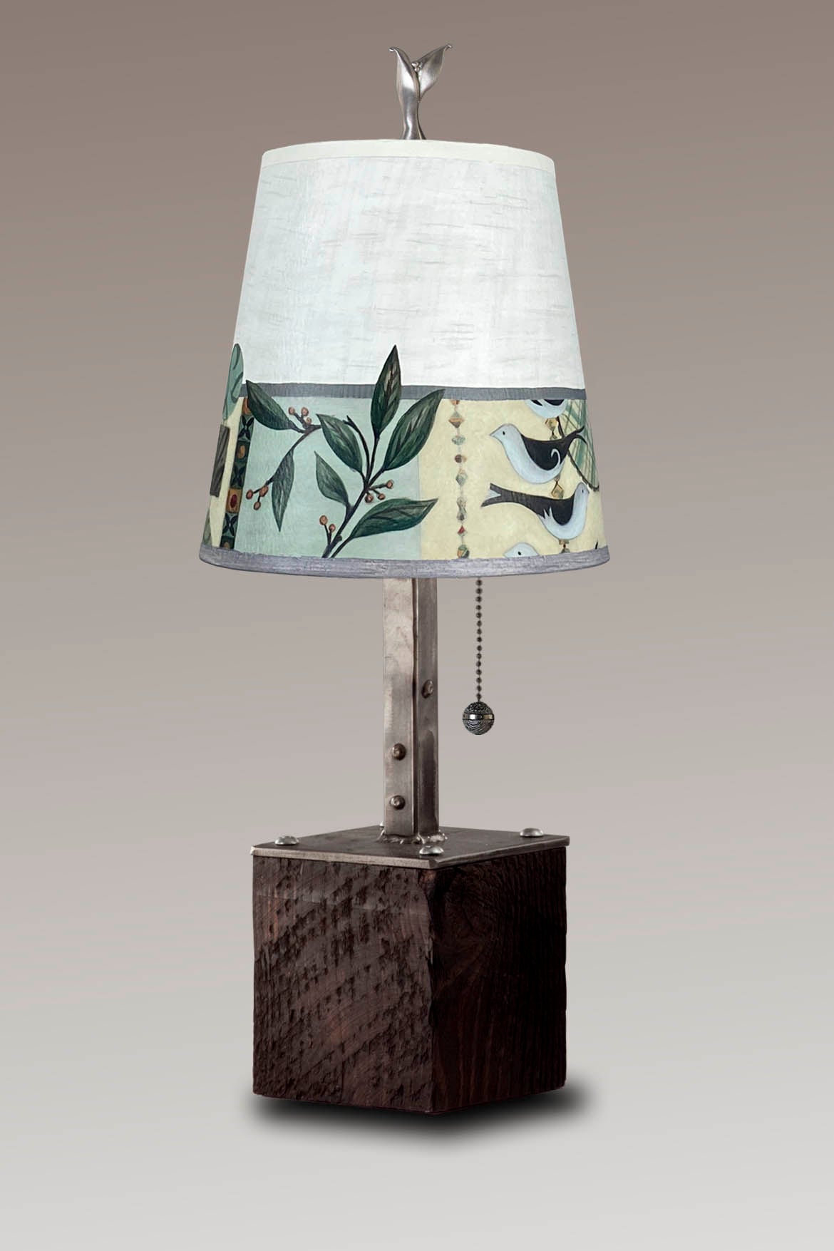 Janna Ugone & Co Table Lamp Steel Table Lamp on Reclaimed Wood with Small Drum Shade in New Capri Opal