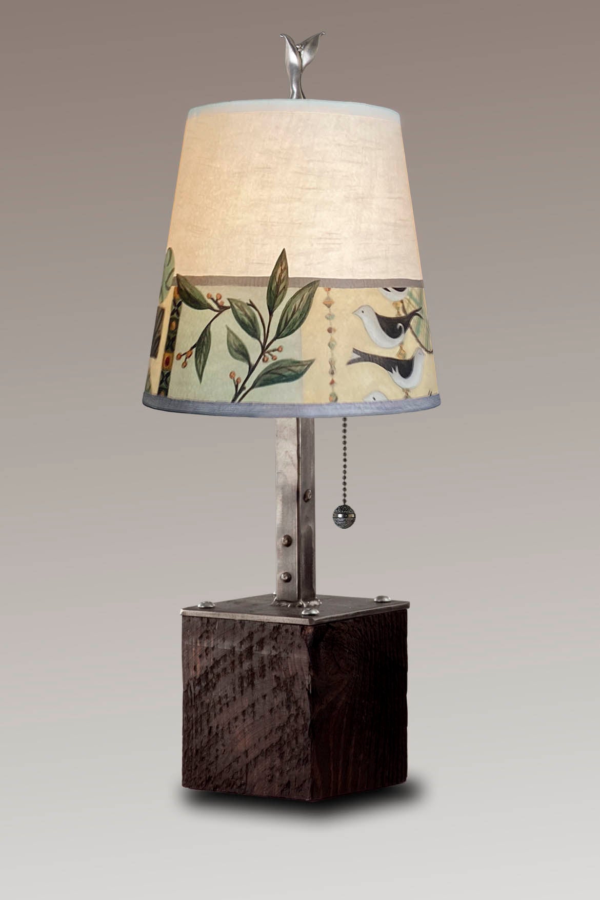 Janna Ugone &amp; Co Table Lamp Steel Table Lamp on Reclaimed Wood with Small Drum Shade in New Capri Opal