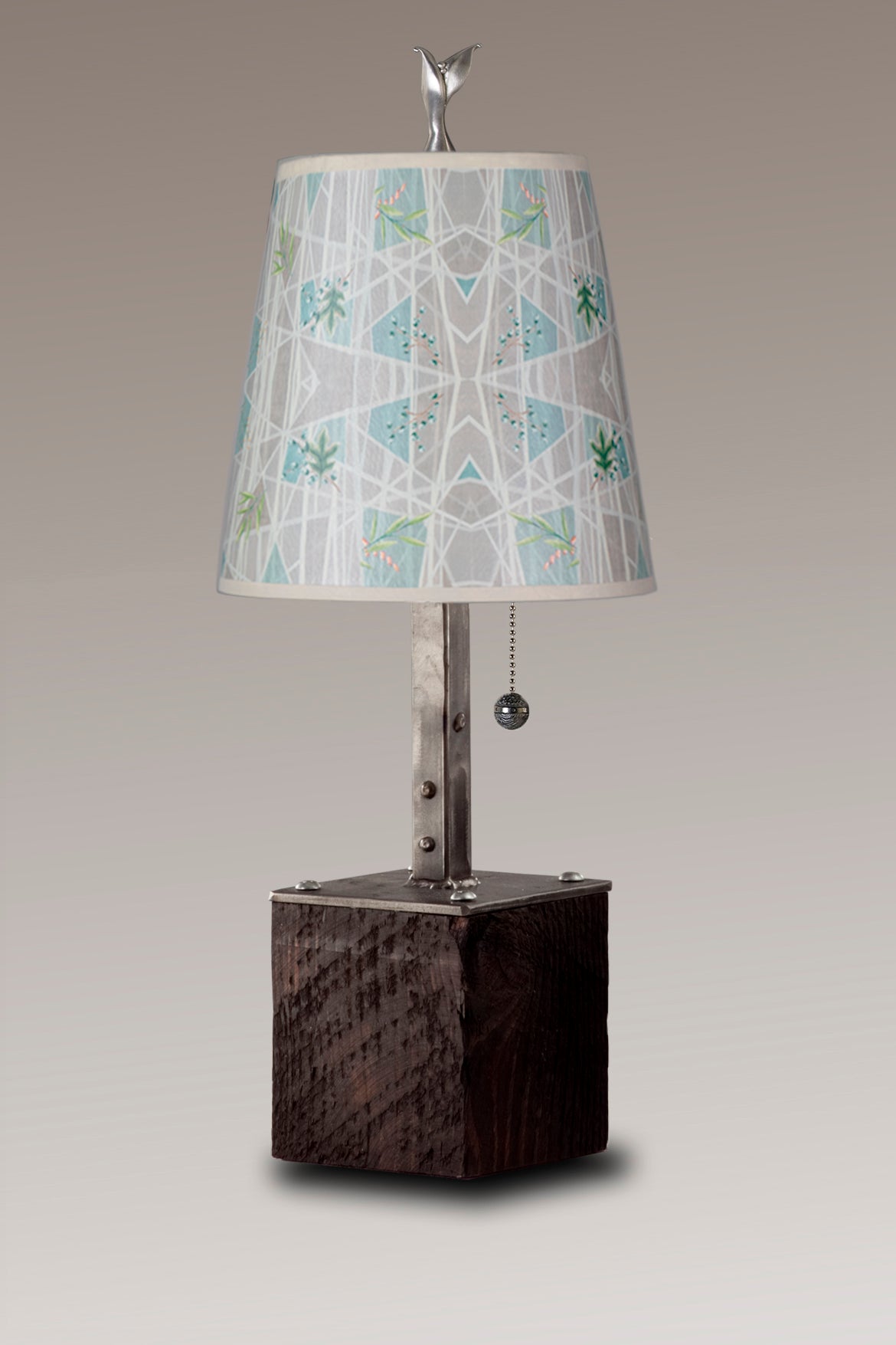 Janna Ugone &amp; Co Table Lamps Steel Table Lamp on Reclaimed Wood with Small Drum Shade in Prism