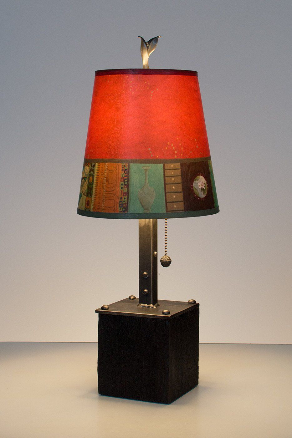 Steel Table Lamp on Reclaimed Wood with Small Drum Shade in Red Match Lit