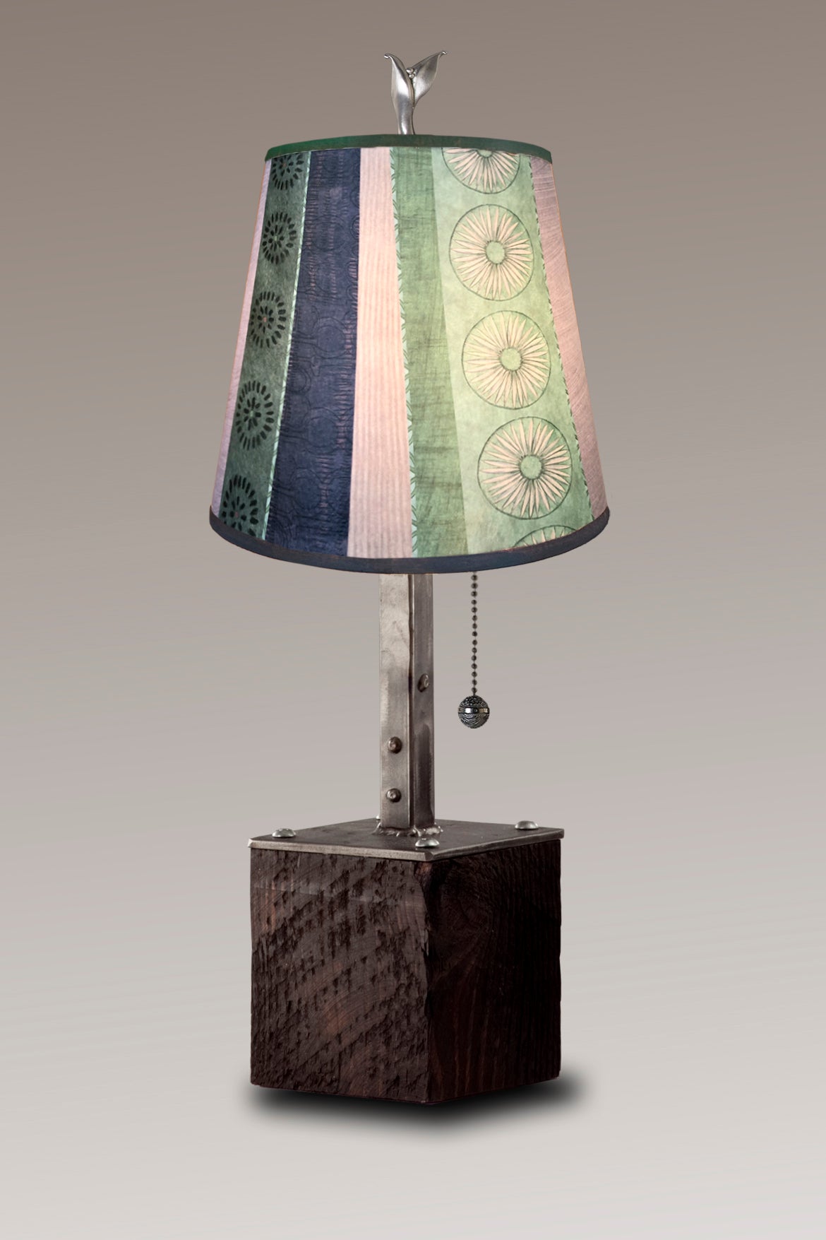 Janna Ugone & Co Table Lamps Steel Table Lamp on Reclaimed Wood with Small Drum Shade in Serape Waters