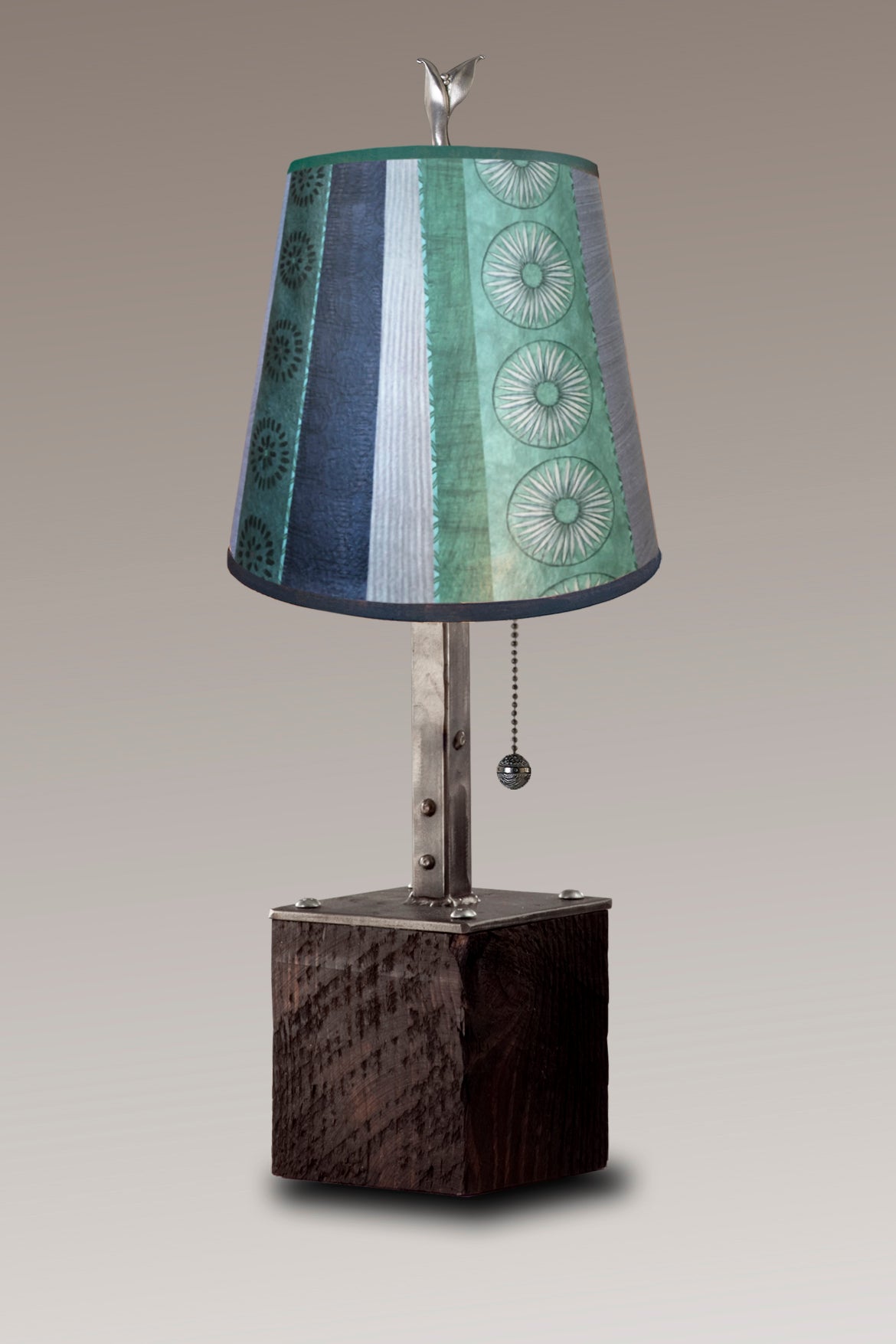 Janna Ugone &amp; Co Table Lamps Steel Table Lamp on Reclaimed Wood with Small Drum Shade in Serape Waters
