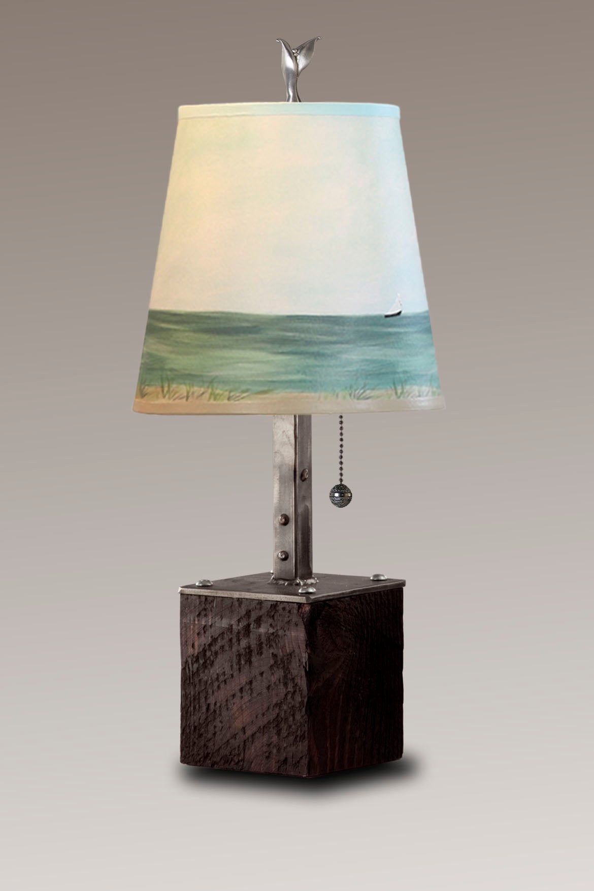 Janna Ugone &amp; Co Table Lamps Steel Table Lamp on Reclaimed Wood with Small Drum Shade in Shore