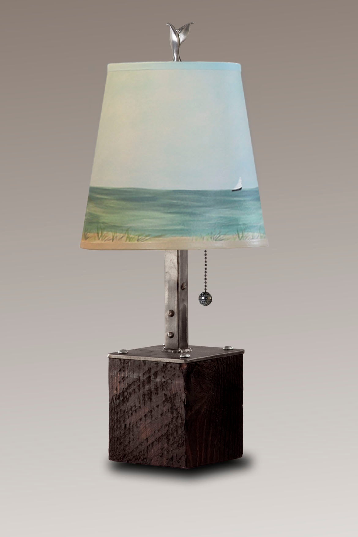 Janna Ugone &amp; Co Table Lamps Steel Table Lamp on Reclaimed Wood with Small Drum Shade in Shore