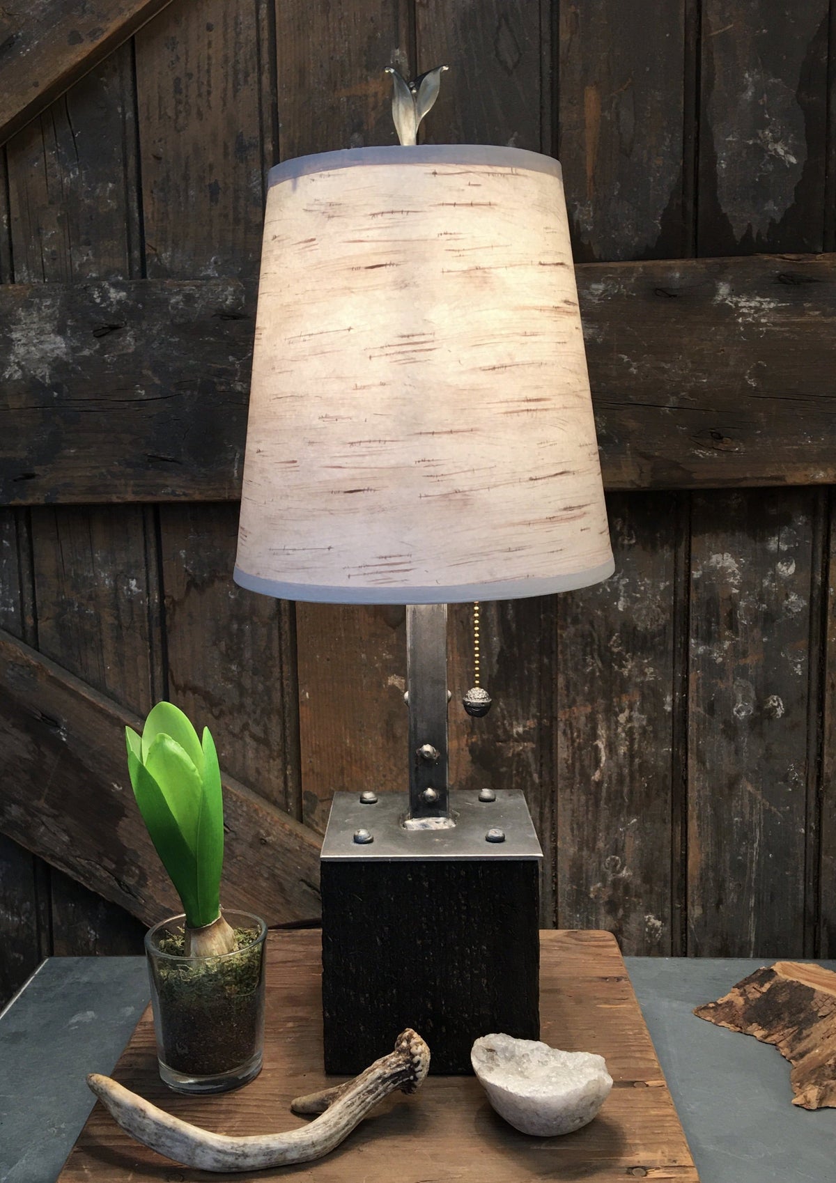 Janna Ugone &amp; Co Table Lamps Steel Table Lamp on Reclaimed Wood with Small Drum Shade in Simply Birch