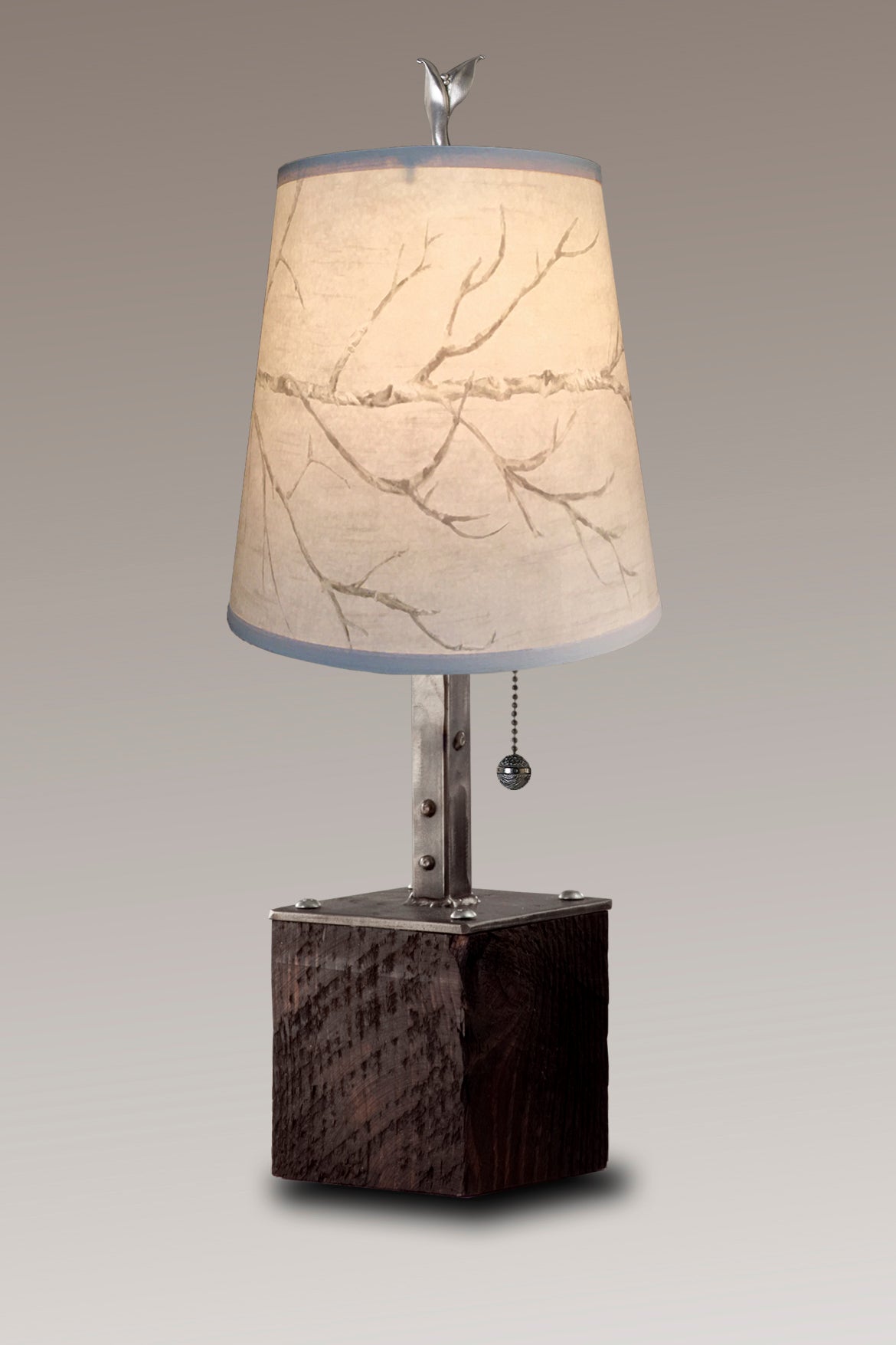 Janna Ugone &amp; Co Table Lamps Steel Table Lamp on Reclaimed Wood with Small Drum Shade in Sweeping Branch