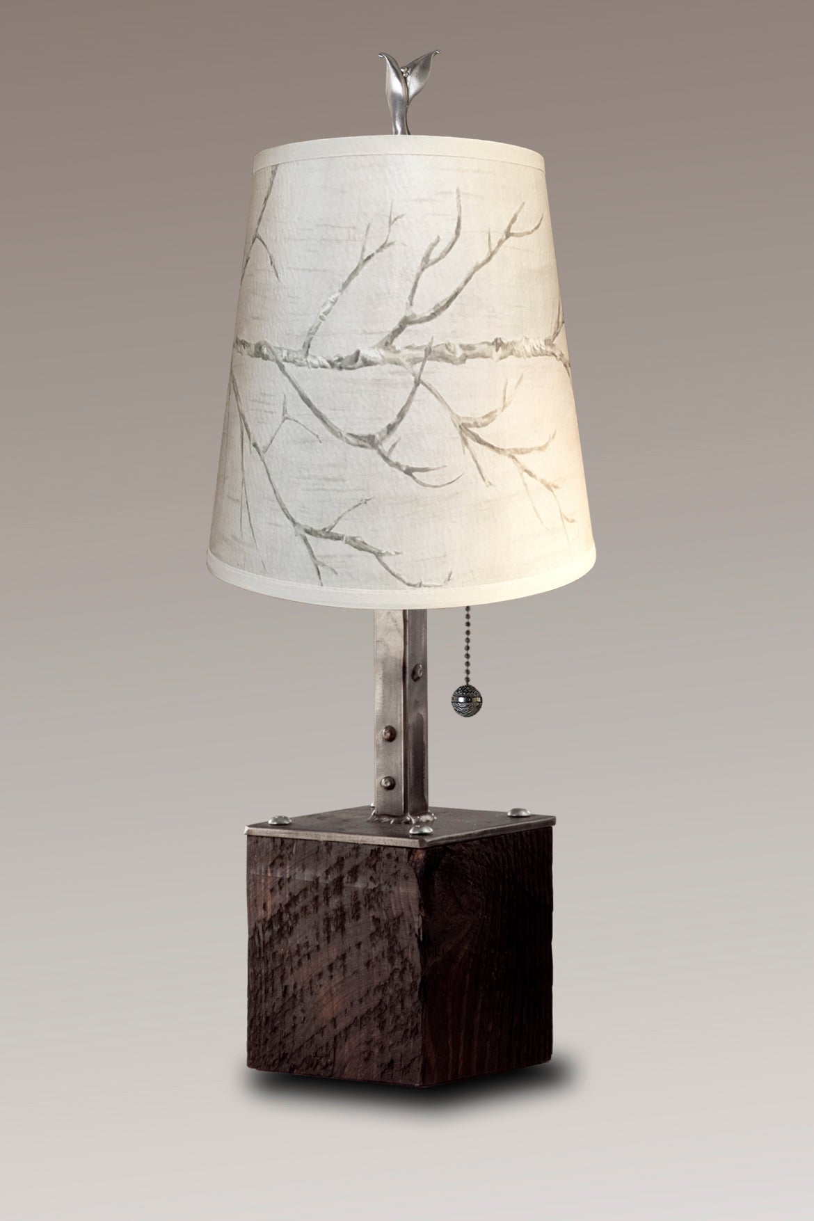 Janna Ugone & Co Table Lamps Steel Table Lamp on Reclaimed Wood with Small Drum Shade in Sweeping Branch