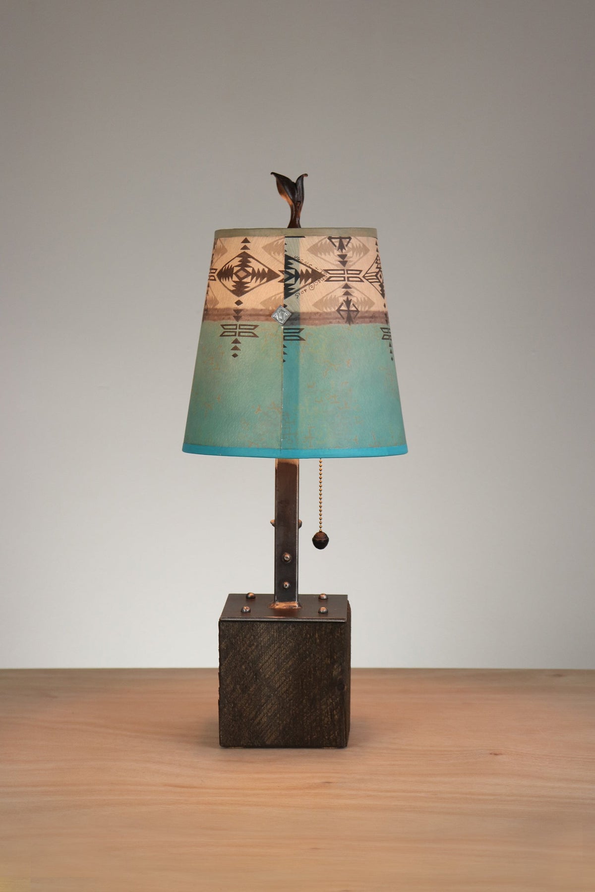 Janna Ugone &amp; Co Table Lamps Steel Table Lamp on Reclaimed Wood with Small Drum Shade in Turquoise Mesa
