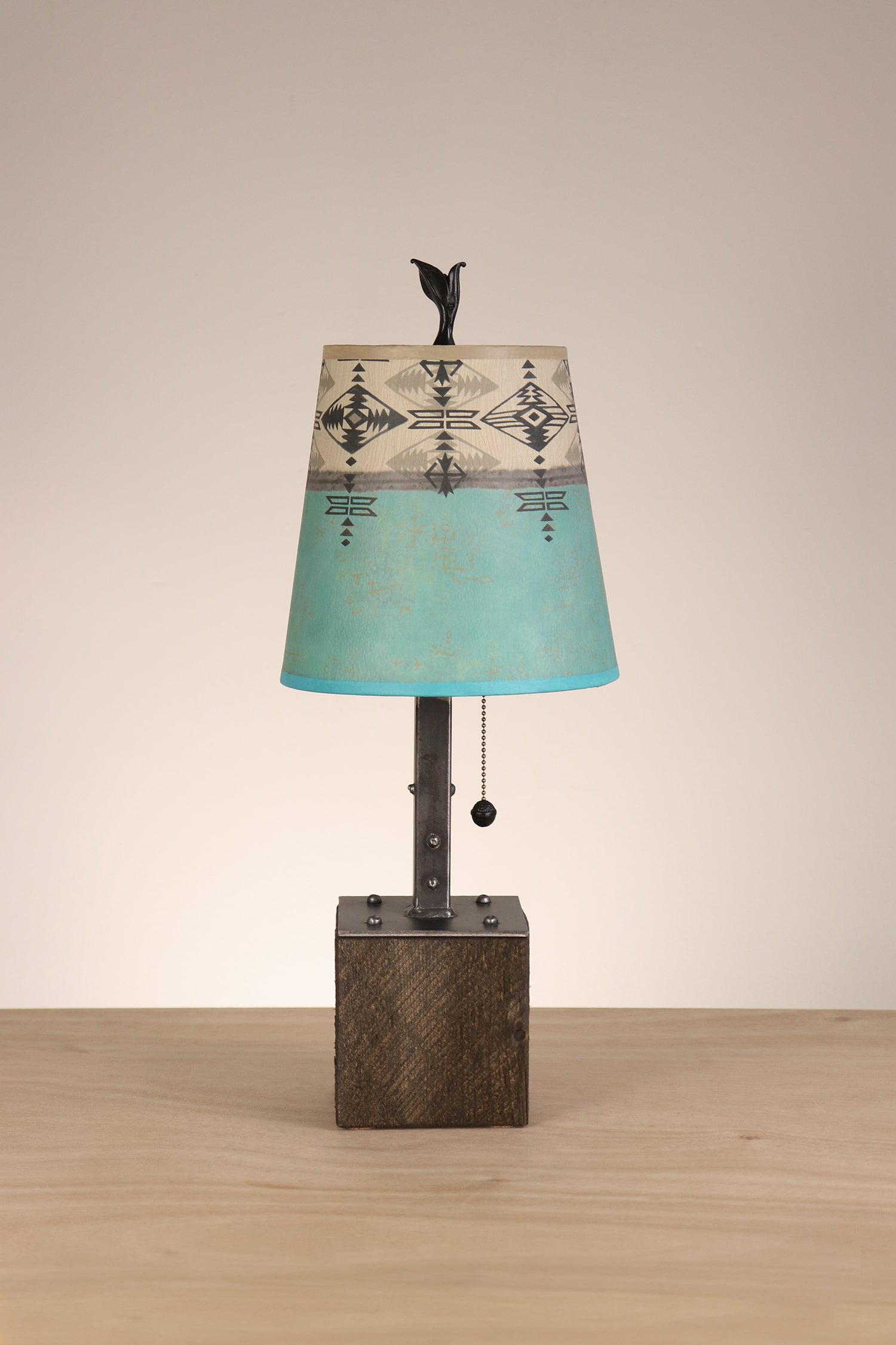 Janna Ugone & Co Table Lamps Steel Table Lamp on Reclaimed Wood with Small Drum Shade in Turquoise Mesa