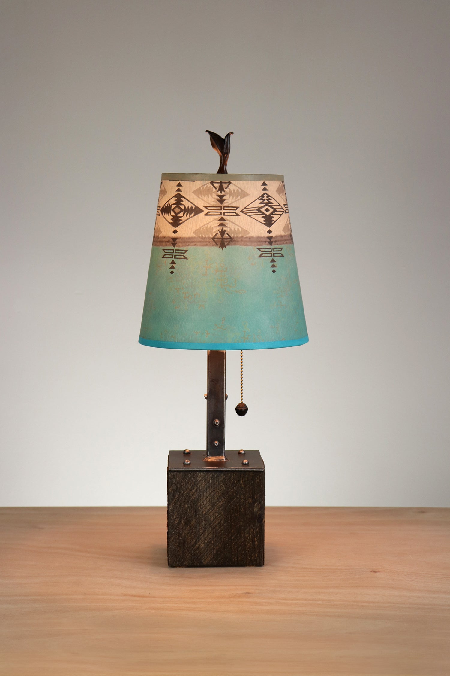 Janna Ugone & Co Table Lamps Steel Table Lamp on Reclaimed Wood with Small Drum Shade in Turquoise Mesa