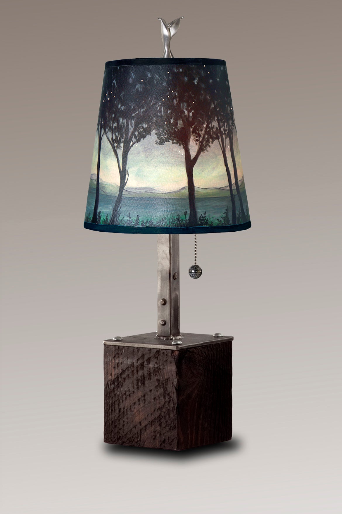Janna Ugone & Co Table Lamps Steel Table Lamp on Reclaimed Wood with Small Drum Shade in Twilight