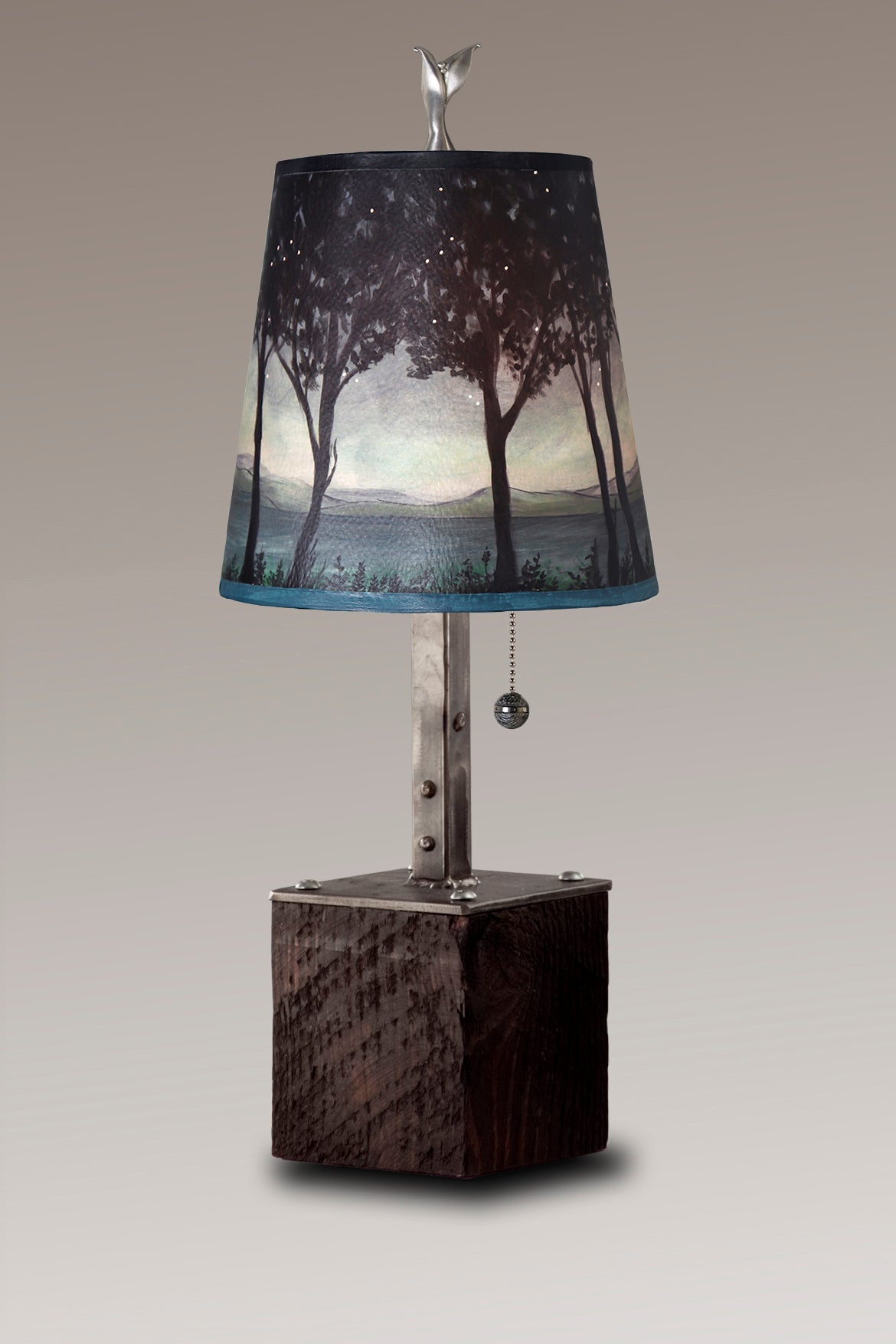 Janna Ugone &amp; Co Table Lamps Steel Table Lamp on Reclaimed Wood with Small Drum Shade in Twilight