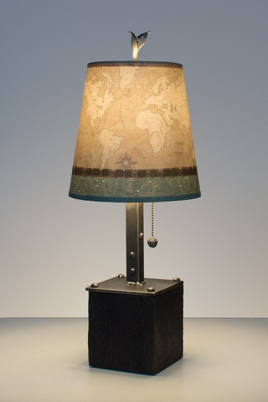 Steel Table Lamp on Reclaimed Wood with Small Drum Shade in Sand Map Lit