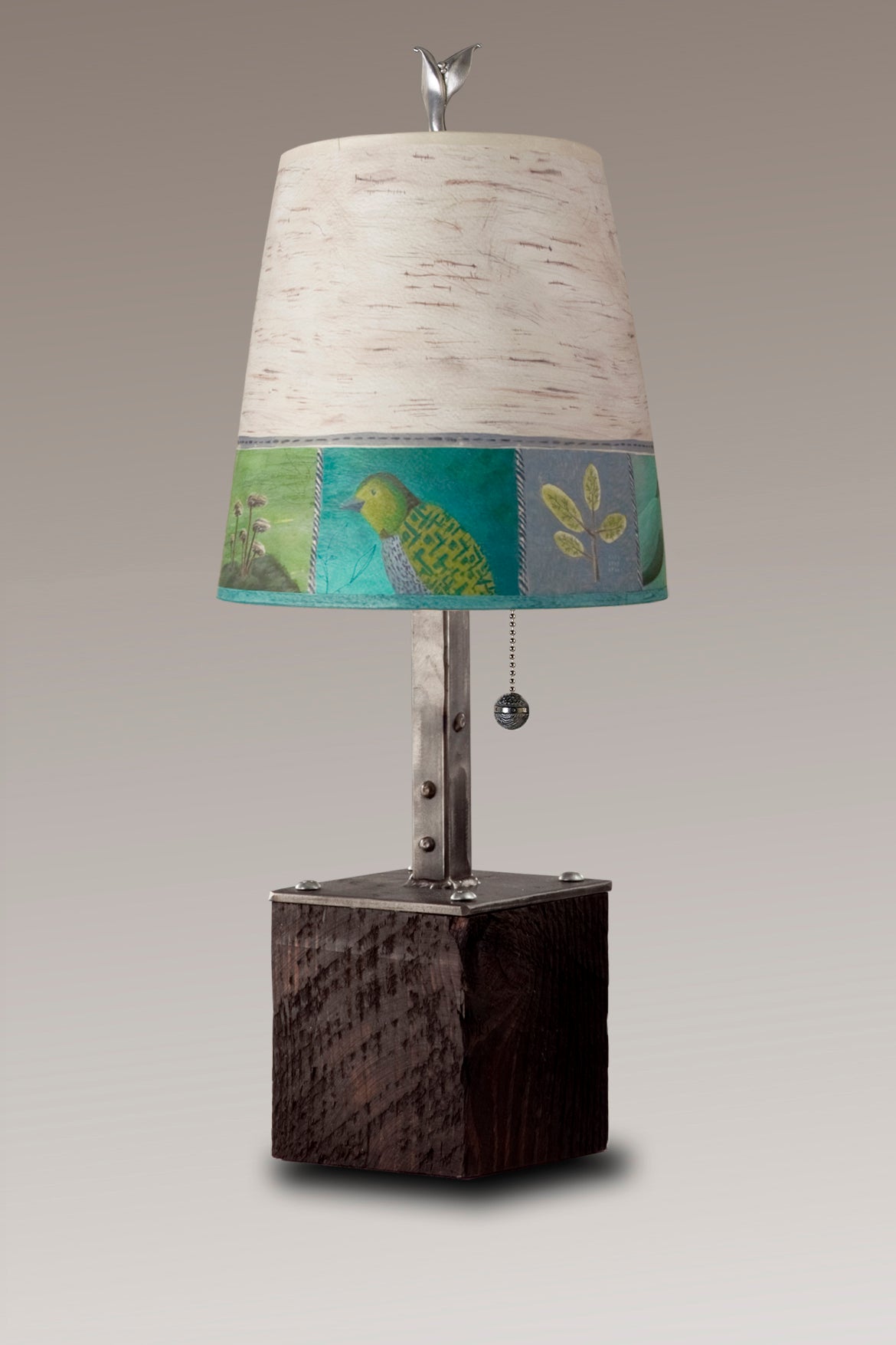 Steel Table Lamp on Reclaimed Wood with Small Drum Shade in Woodland Trails in Birch